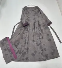 新品未使用花柄紬＊タックワンピース＆ストール＊着物リメイク＊紬ワンピース
