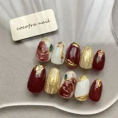 ネイルチップ　サイズオーダー　和柄ネイル　赤　ミラー　成人式　卒業式　振袖　袴