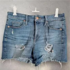 ハイライズ デニムショートパンツ ダメージ加工 カットオフ S〜M相当 脚長効果
