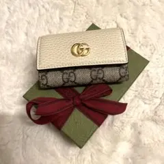 ★GUCCI GGマーモント　レザーキーケース　ホワイトレザー&GGスプリーム