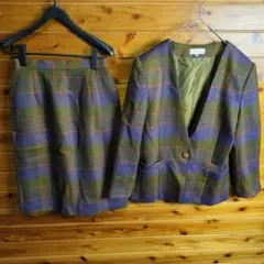 スカートセットアップ　ジャケット　スカート　9R　M　ノーカラー　ツイード風