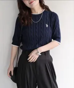 【U.S.POLO ASSN.】ワンポイント刺繍 半袖ケーブルニット