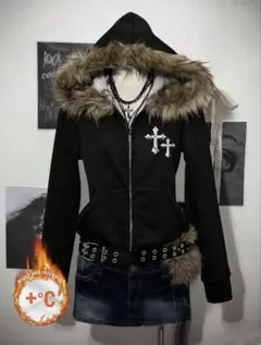 SHEIN 지뢰계 Y2K 크로스 모티프 모피가 달린 후드 블랙