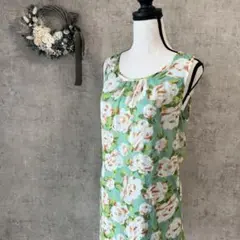 【アズノウアズ】黄緑　花柄ノースリーブ　ひざ丈ワンピース　シフォン　フレア　F