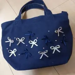 TOCCA ネイビー ハンドバッグ リボン　ビジュー　ファミリア　コットン