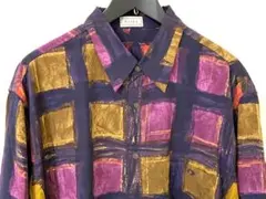 90sビンテージ ライカ 幾何学模様 総柄 アート レーヨン ポリシャツ ダボ