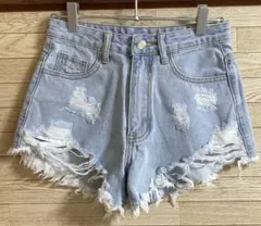 SHEIN ハイウエスト ダメージデニムショートパンツ XXS ライトブルー