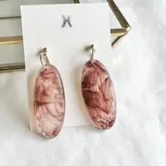 No.860 大ぶりマーブルプレートピアス/赤 べっこう ゴールドフープ リング