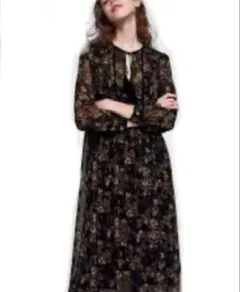 【美品】ZARA BASIC ザラ 花柄シフォンカフタンワンピース ブラック M