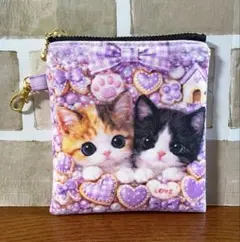 ハンドメイド　ミニポーチ　猫ちゃん(パープル)