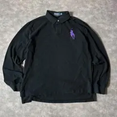 ポロ ラルフローレン 長袖 ポロシャツ XL ブラック ビッグポニー 刺繍 紫