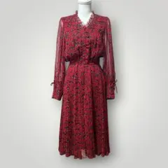 レトロワンピース 花柄シースルーワンピース 赤 袖リボン ヴィンテージ 13号