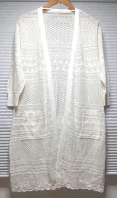 Honeys 透かし編み ロングカーディガン オフホワイト LLのサムネイル