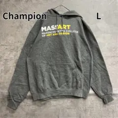 チャンピオン 灰色 パーカー カレッジ プリント 袖 刺繍 ロゴ Ｌ【9365】