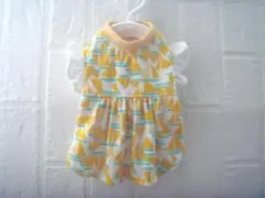 現品限り　胴38　ハンドメイド 　ヨット柄ギャザーワンピース　フリル袖#犬ワンピ