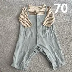重ね着風ロンパース 70センチ　くすみカラー　水色・ストライプ