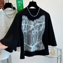 人気を獲得☆Tシャツ レース柄 切り替 着痩せ 大きいサイズ オシャレデザイン