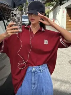 SHEIN オーバーサイズ レッド ポロシャツ ハーフジップ