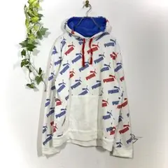 PUMA プーマ パーカー フーディー プルオーバー ロゴ 総柄 ホワイト L