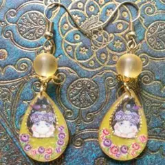 和風　窓辺の猫と薔薇　二重　雫　ピアス