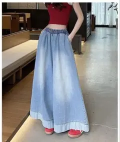 デニムスカンツフレアパンツ裾バイカラーウエストゴム大きいサイズデニムワイドパンツ