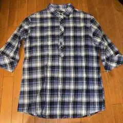 シップス青系チェック柄リネン混7部丈シャツ