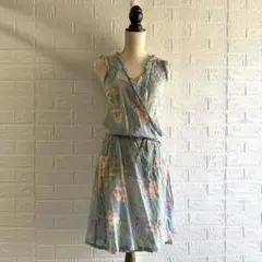 薄手 花柄 ウエストマーク フリル 綿／カシュクールワンピース ラップワンピース