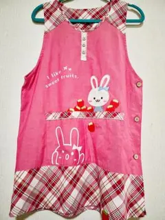 保育士　エプロン　うさぎ　チェック柄　ピンク