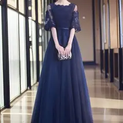 お花のデザインが可愛いチュールスカートの袖ありロングドレス