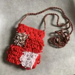 ショルダーバッグ ハンドメイド　編み物　赤白　茶　パッチワーク風