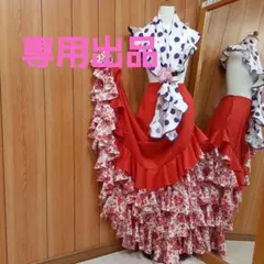 フラメンコ衣装ファルダ　オーダー②　赤/白地赤バラ柄　2段後ろ三角フリルデザイン