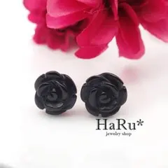 10mmオニキス（薔薇）☆サージカルステンレスピアス*P47