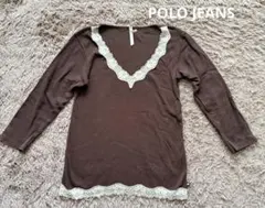 【POLO JEANS】ブラウン Vネック 七分袖Tシャツ レース付