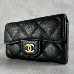 【美品】Chanel　シャネル　カメリア　5連キーケース　カーフスキン　黒 美品】Chanelシャネルカメリア5連キーケースカーフスキン黒