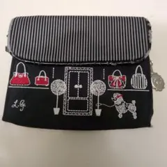 L.G. 刺繍 ポーチ ブラック ストライプ　難ありのサムネイル