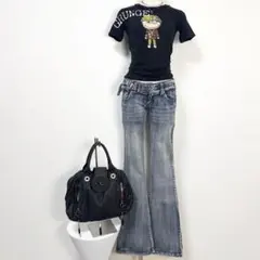 Y2K❤️00s 当時物 ダブルベルト ローライズ デニム フレアパンツ