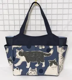 BIG猫（ネイビー）・濃紺サイドポケット付きトートバッグW・ハンドメイド