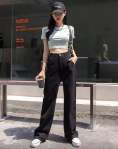 ストレートデニム ハイウエスト ワイドデニム 無地 シンプル ズボン パンツ