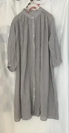 ギンガムチェック 七分袖　ロングワンピース　羽織 ギャザー　ゆったり　ナチュラル