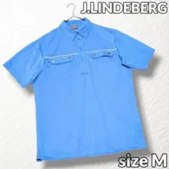 美品【J.LINDEBERG】ゴルフ 極上ポロシャツ ロゴ刺繍 ブルー 半袖 M