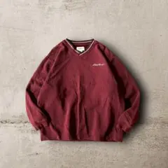 USA古着Eddie BauerバーガンディVネックスウェット刺繍ロゴラインXL