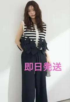 ヘムオーガンジーリボンスリーブレスニット+美ラインシルエットライトニットパンツ