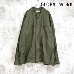 【グローバルワーク】長袖コットンシャツ M 緑 薄手 シンプル 胸ポケット 綿