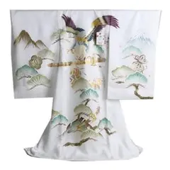 【新品】正絹 お宮参り着物　初着(産着)　男児 鷹・松 白地　02699