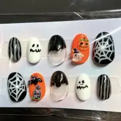 『現品』ハンドメイド　ネイルチップ　ハロウィン　おばけ　かぼちゃ　蜘蛛の巣　黒系