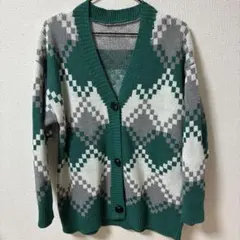 ダイヤモンド柄グリーンカーディガン Mサイズ