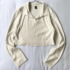 【シーイン】ショート丈 リブカットソー オープンカラー 短丈 長袖 綿混 XL