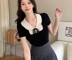 【SHEIN】DAZY コントラストカラー ピーターパン襟 半袖Tシャツ