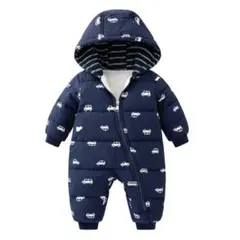 ネイビー 車柄 裏起毛ジャンプスーツ　雪遊び
