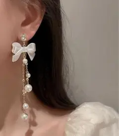リボンパールチェーンピアス